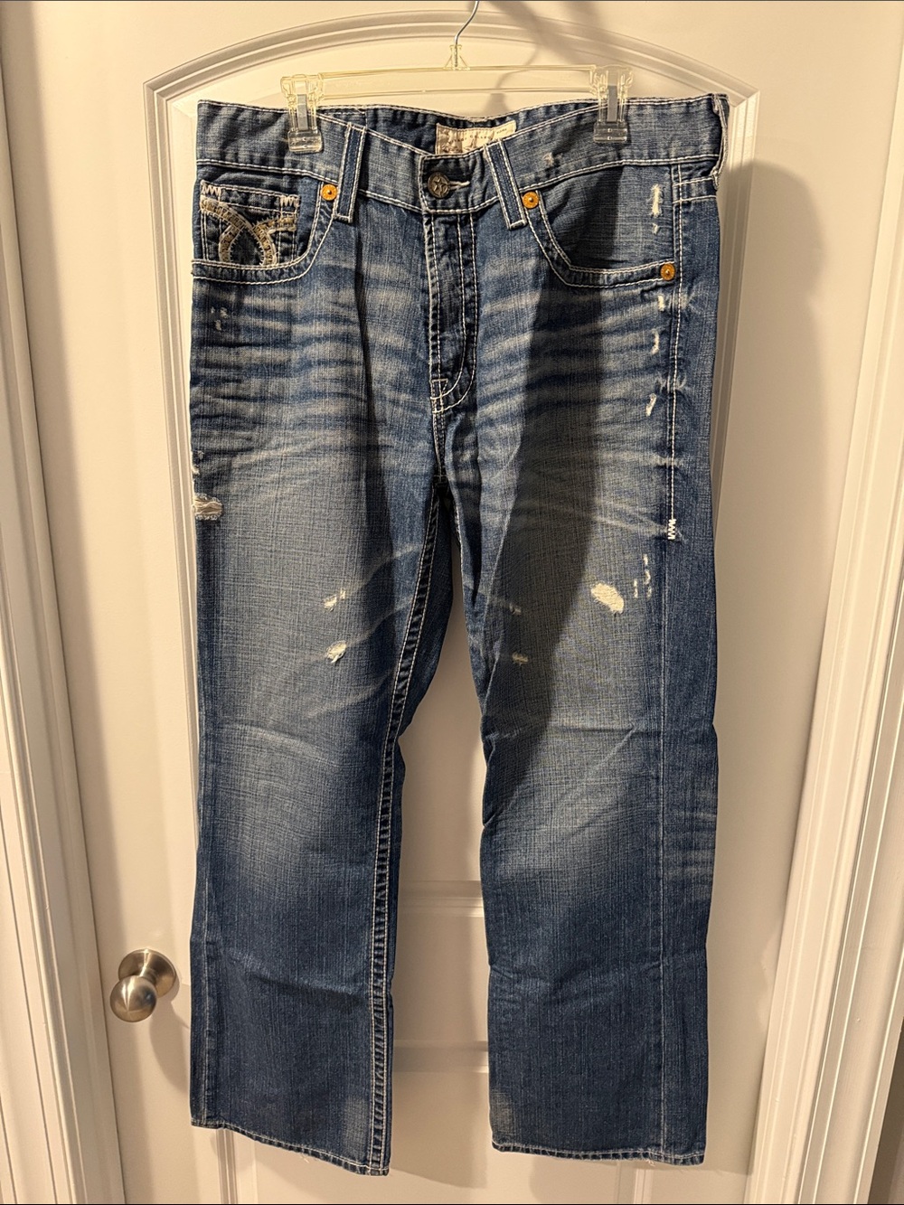 Big Star Men's Straight Denim Jeans in Blue with Distressed Detail